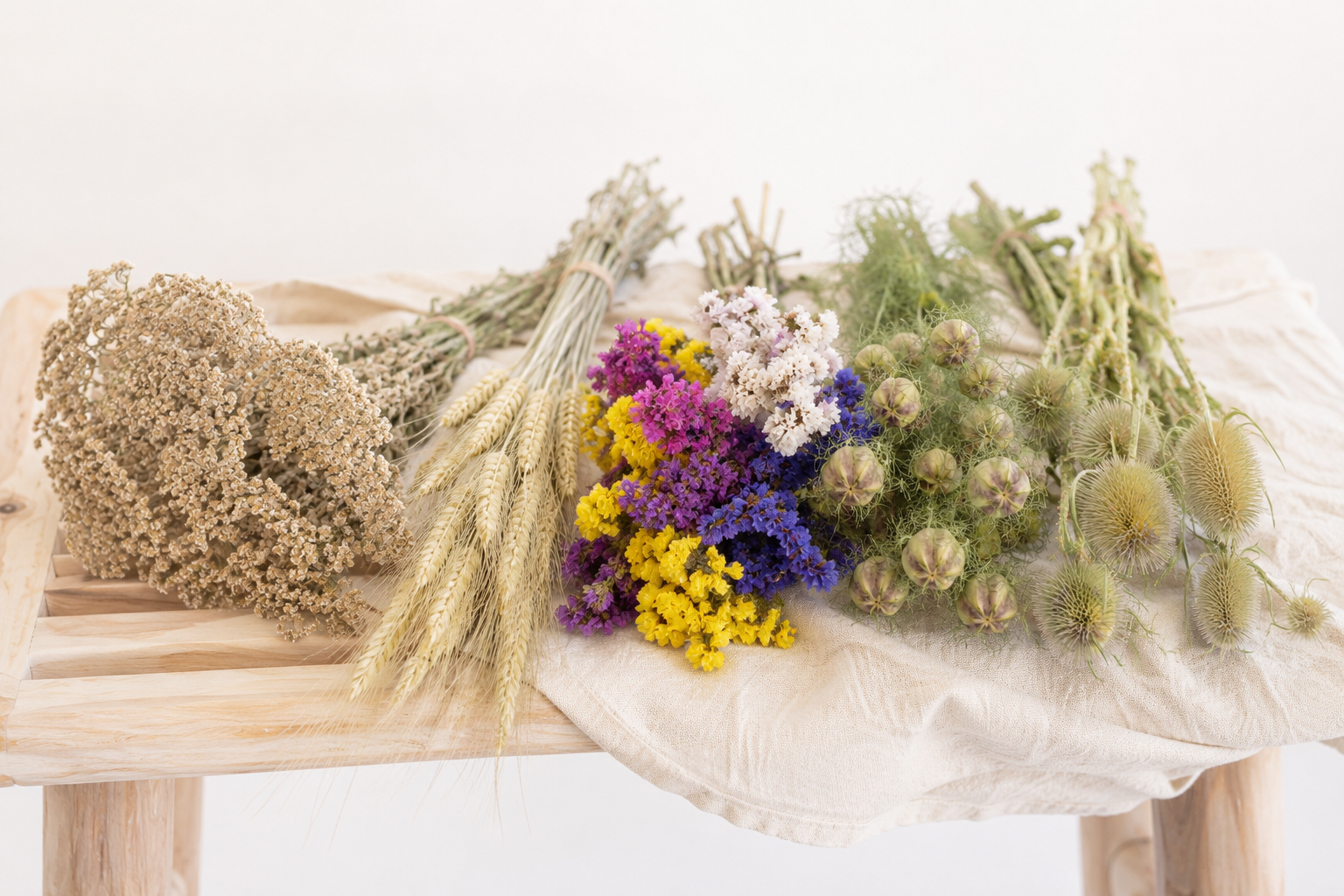 Achillée blanche, blé, statice, nigelle de Damas et cardère, cinq fleurs faciles à faire sécher chez soi