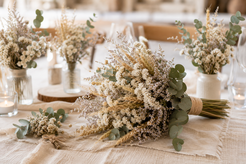 Bouquet de mariée en fleurs séchées naturelles composé de statice blanc, limonium tataricum, blé, lin et eucalyptus stabilisé, présenté sur une table de mariage champêtre avec décoration florale assortie.