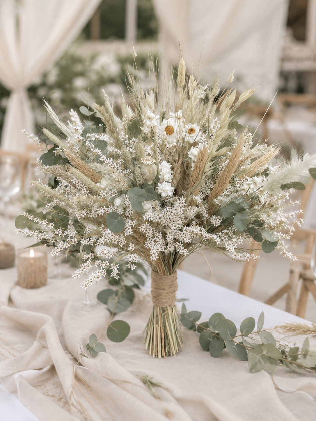 bouquet de mariée avec des fleurs naturelles posée sur une table