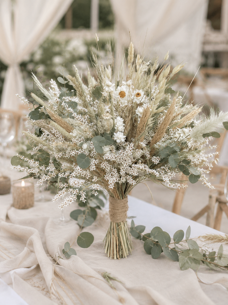 bouquet de mariée avec des fleurs naturelles posée sur une table