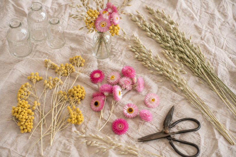 Acroclinium rose, avoine et lona jaune séchés disposés sur une table avec des ciseaux pour créer des mini-bouquets.