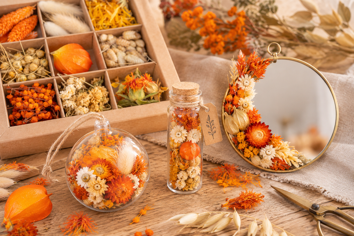 Idées de créations DIY avec des fleurs séchées orangées Terralya : boule transparente à suspendre, fiole fleurie et miroir rond décoré de têtes de fleurs orange et crème.