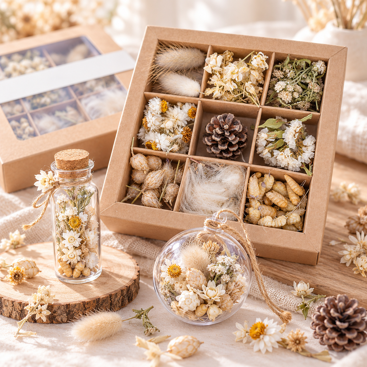 Idées de créations avec le coffret de fleurs séchées blanches Terralya : fiole fleurie, boule fleurie et décoration dans des tons naturels.