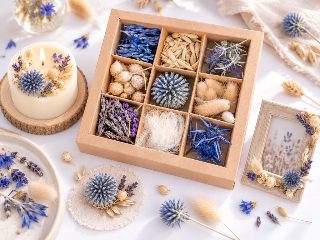 Idées de loisirs créatifs avec des têtes de fleurs séchées bleues : bougie décorée de fleurs sur le dessus, broche à échinops bleu et petit cadre photo fleuri, autour d'un coffret Terralya.