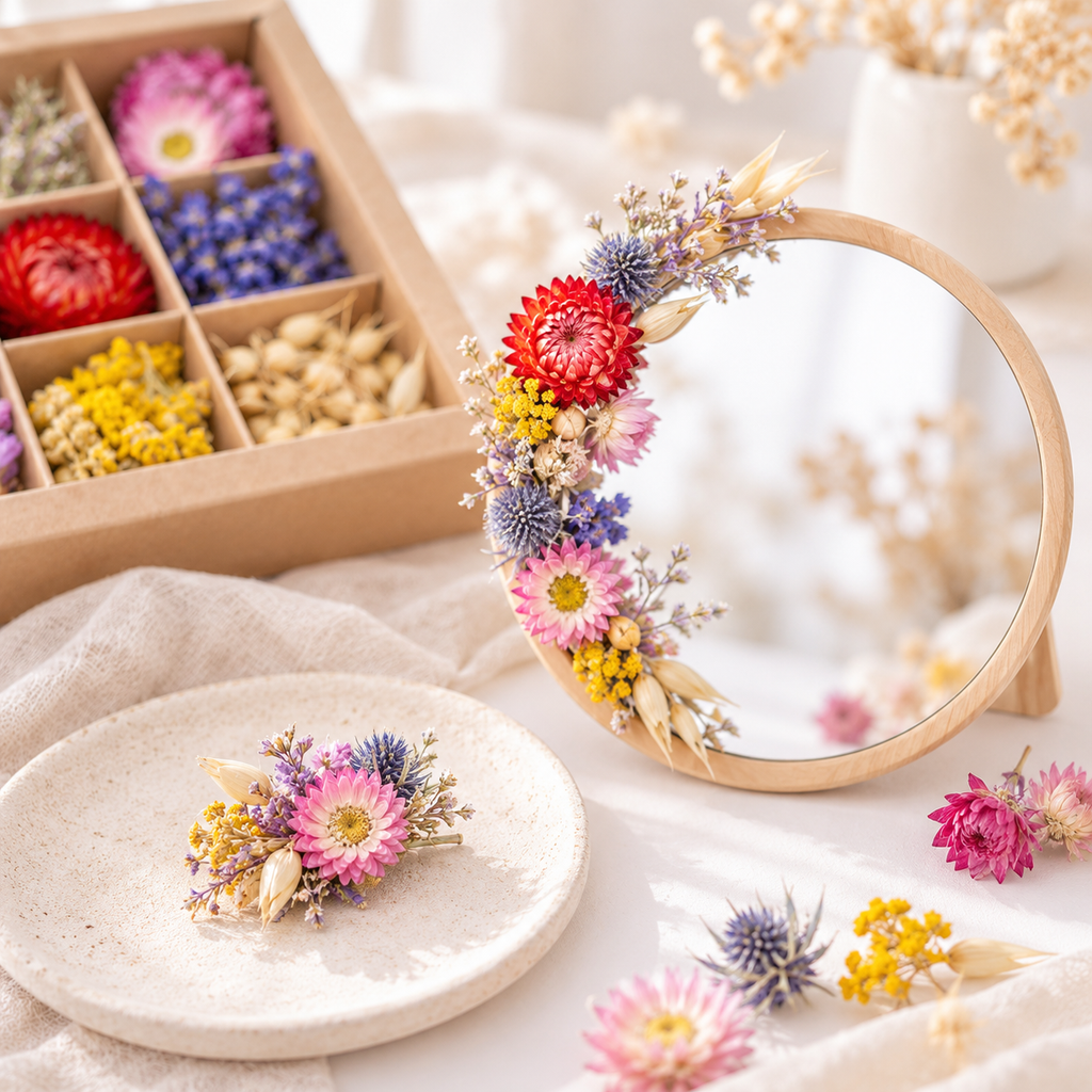 Idées de loisirs créatifs avec des têtes de fleurs séchées multicolores : miroir rond décoré de fleurs et petite broche fleurie, à côté d'un coffret Terralya.