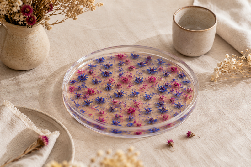 Plateau décoratif en résine avec pétales de bleuet et petites fleurs de célosie rose, présenté sur une nappe en lin dans une décoration naturelle et épurée.
