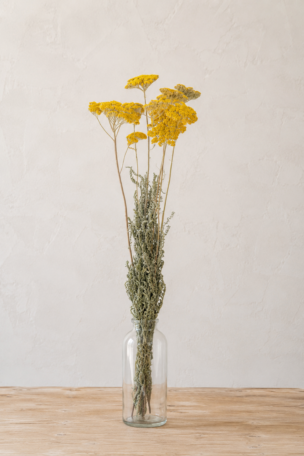 Achillée jaune séchée naturelle dans un vase en verre sur table en bois clair, cultivée et séchée à la ferme florale bio Terralya dans le Gers.