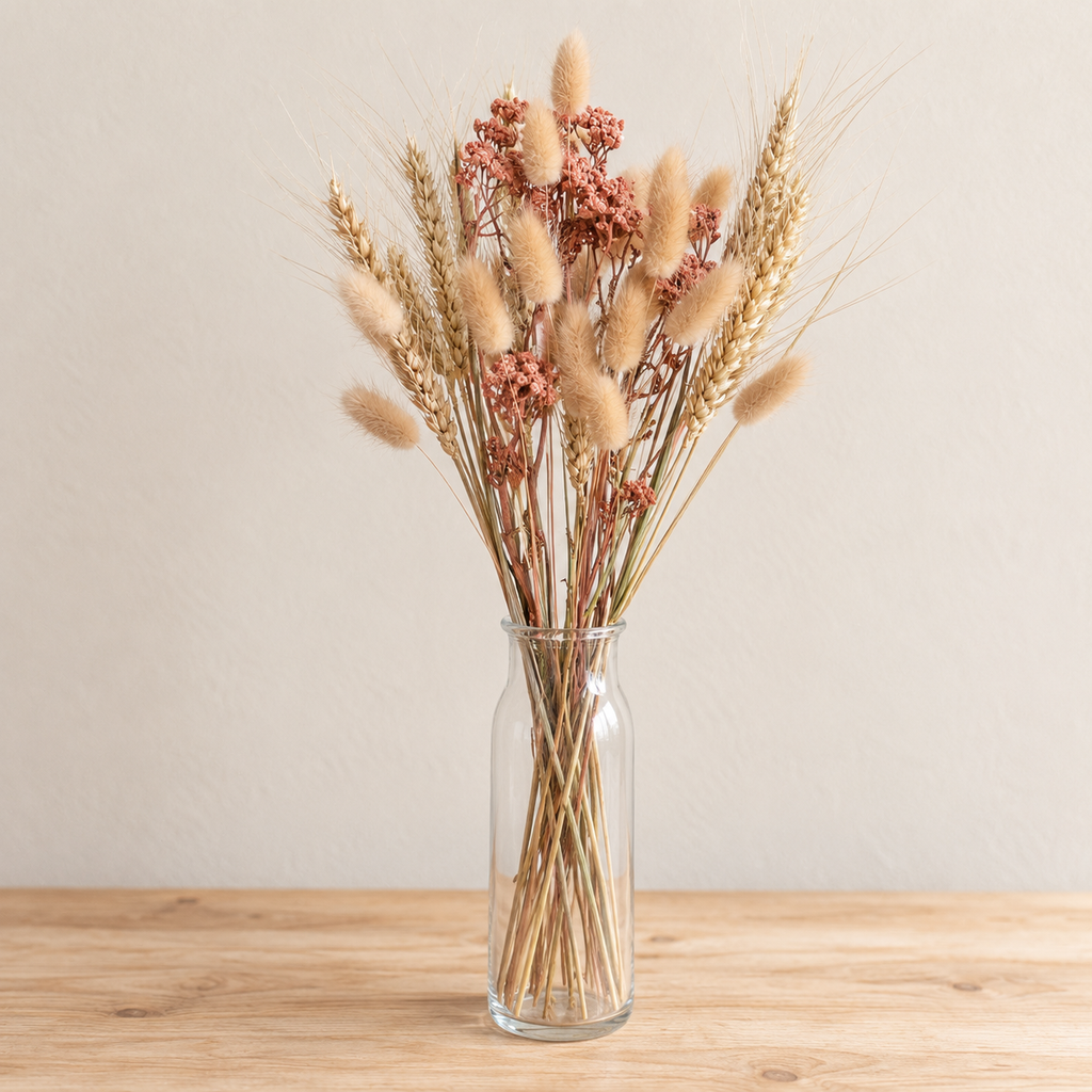 Achillée terracotta, blé barbu et lagurus séchés mélangés naturellement dans un vase en verre