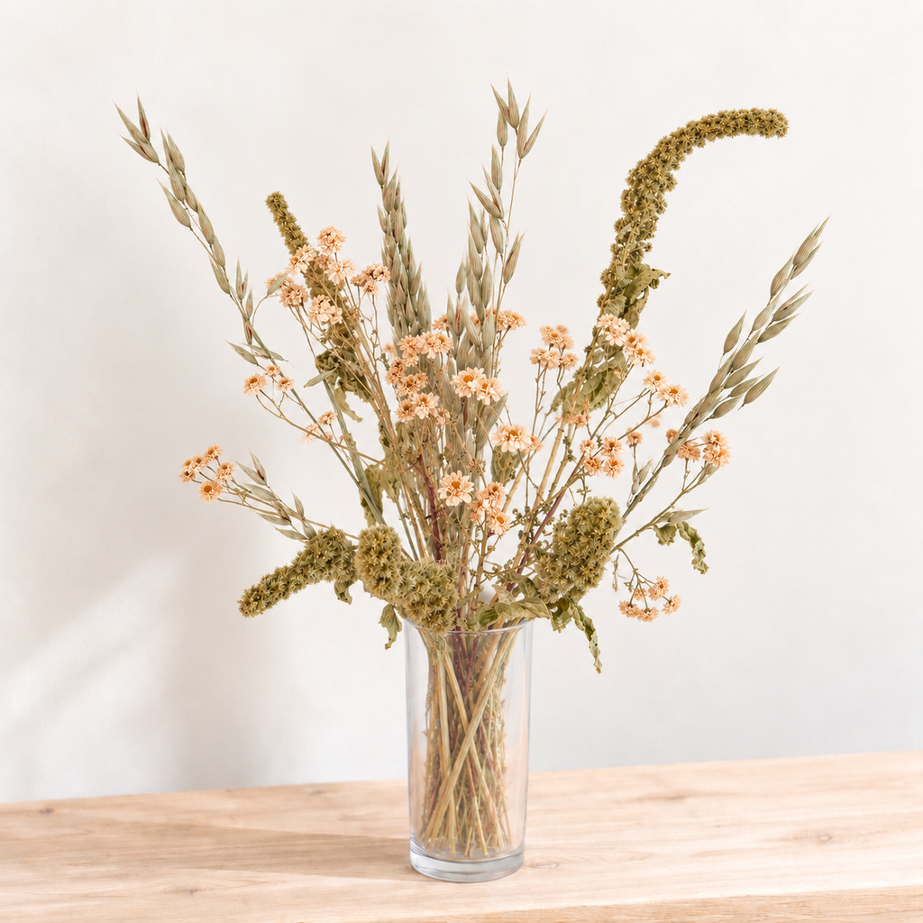 Assemblage naturel d’amarante verte, de matricaire et d’avoine séchées dans un vase transparent
