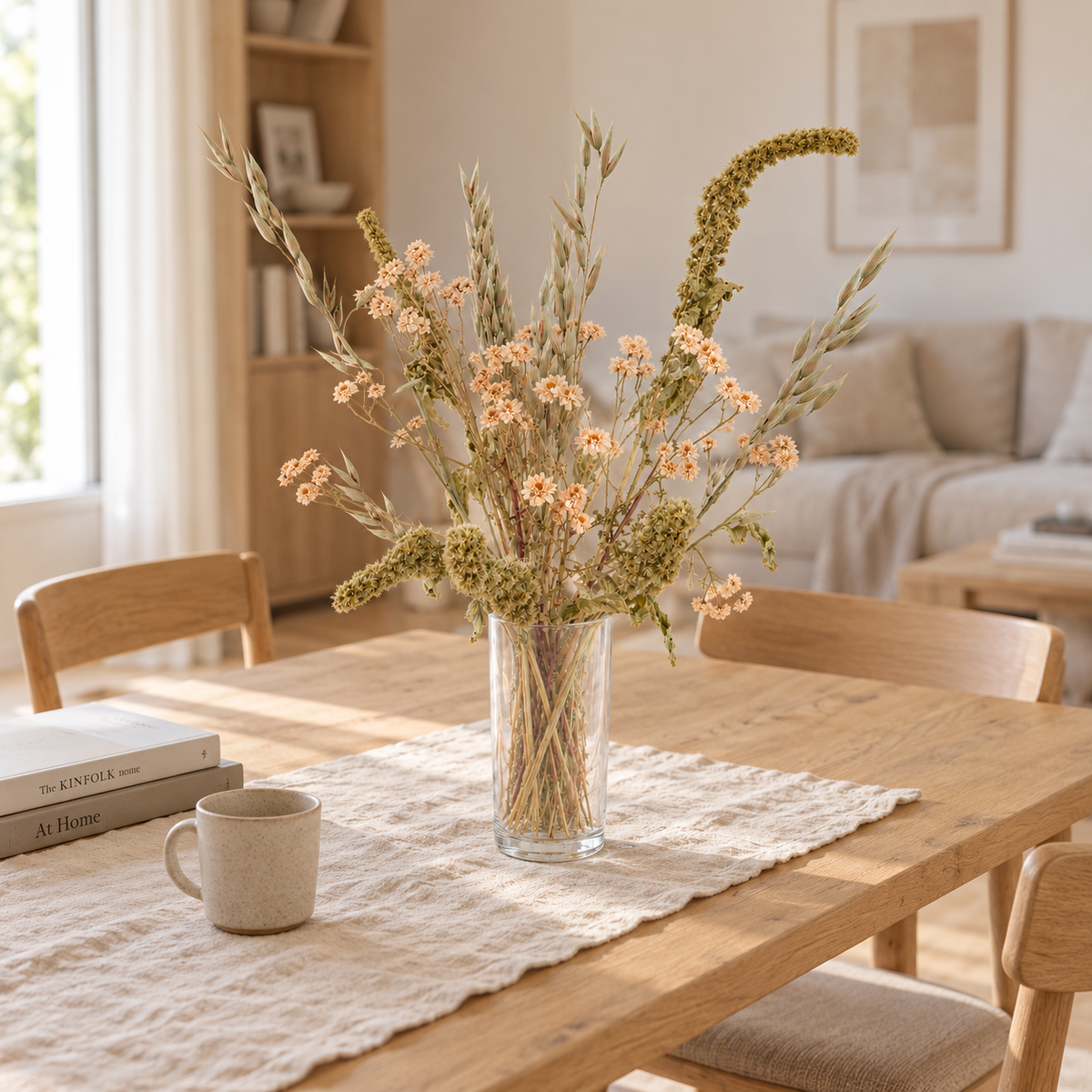 Assemblage de fleurs séchées naturelles dans un vase sur une table en bois clair