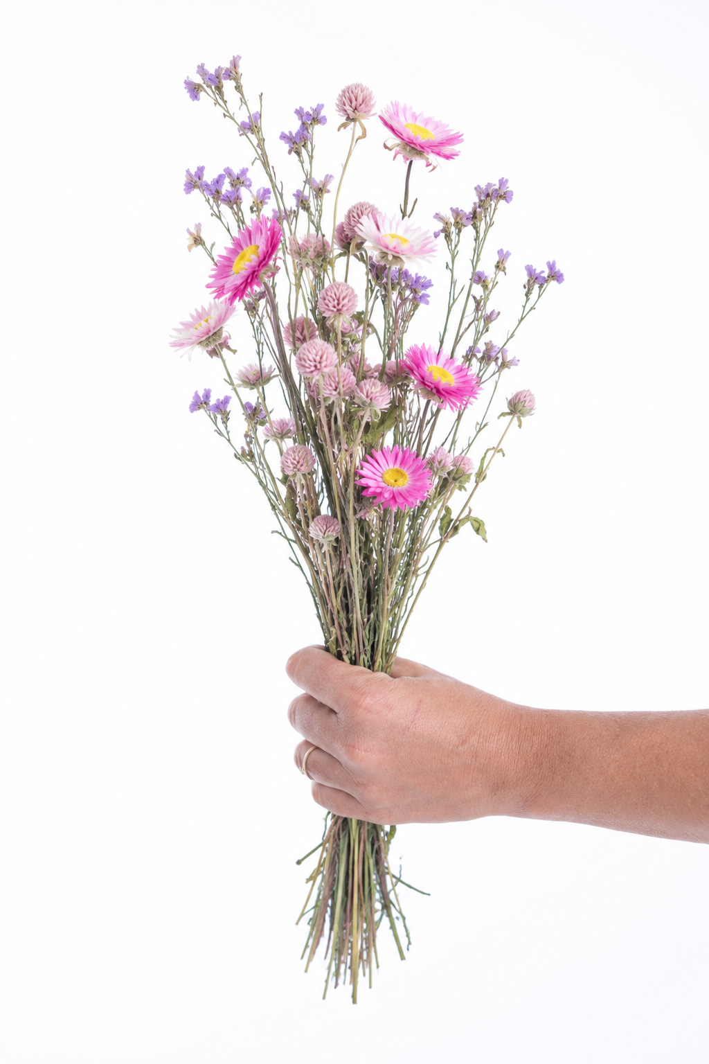 Assemblage de fleurs séchées bio françaises aux tons rose, violet et blanc, cultivées par Terralya
