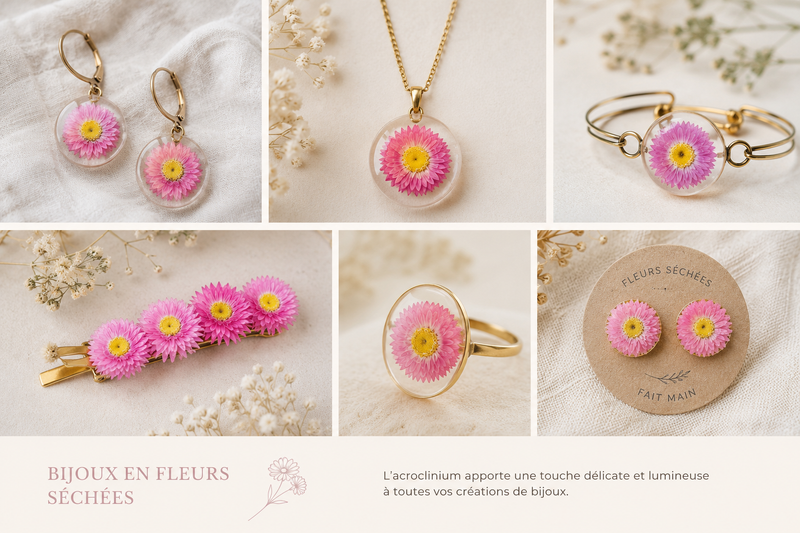 Inspirations de bijoux réalisés avec des fleurs séchées d'acroclinium : boucles d'oreilles, pendentif, bracelet, barrette, bague et puces d'oreilles en résine.