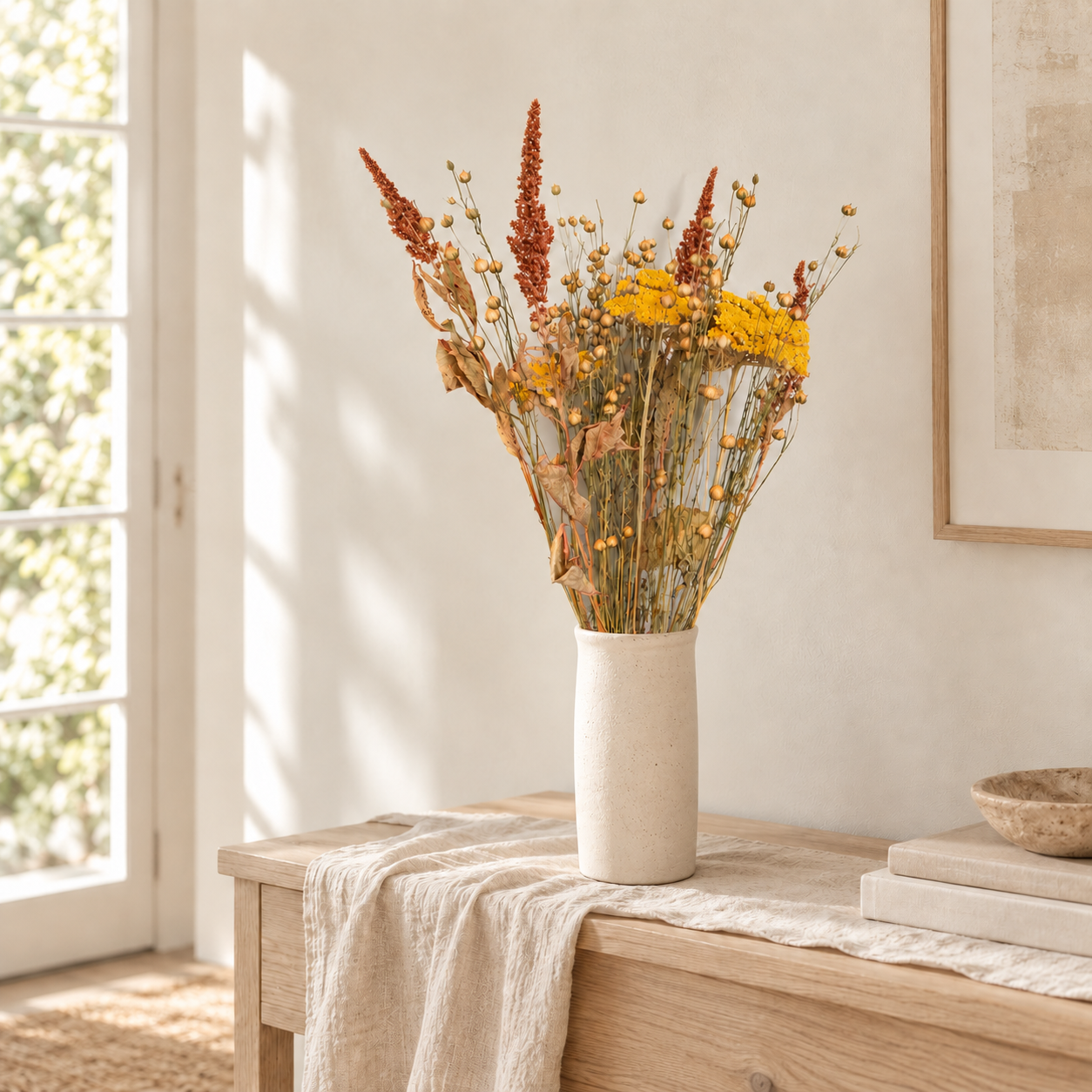 Bouquet de fleurs séchées françaises jaune et terracotta dans un vase en céramique au sein d’un intérieur naturel