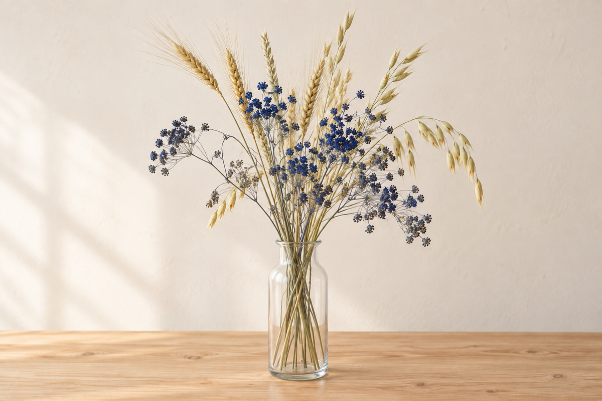 Ammi bleu, blé et avoine séchés disposés naturellement dans un vase clair