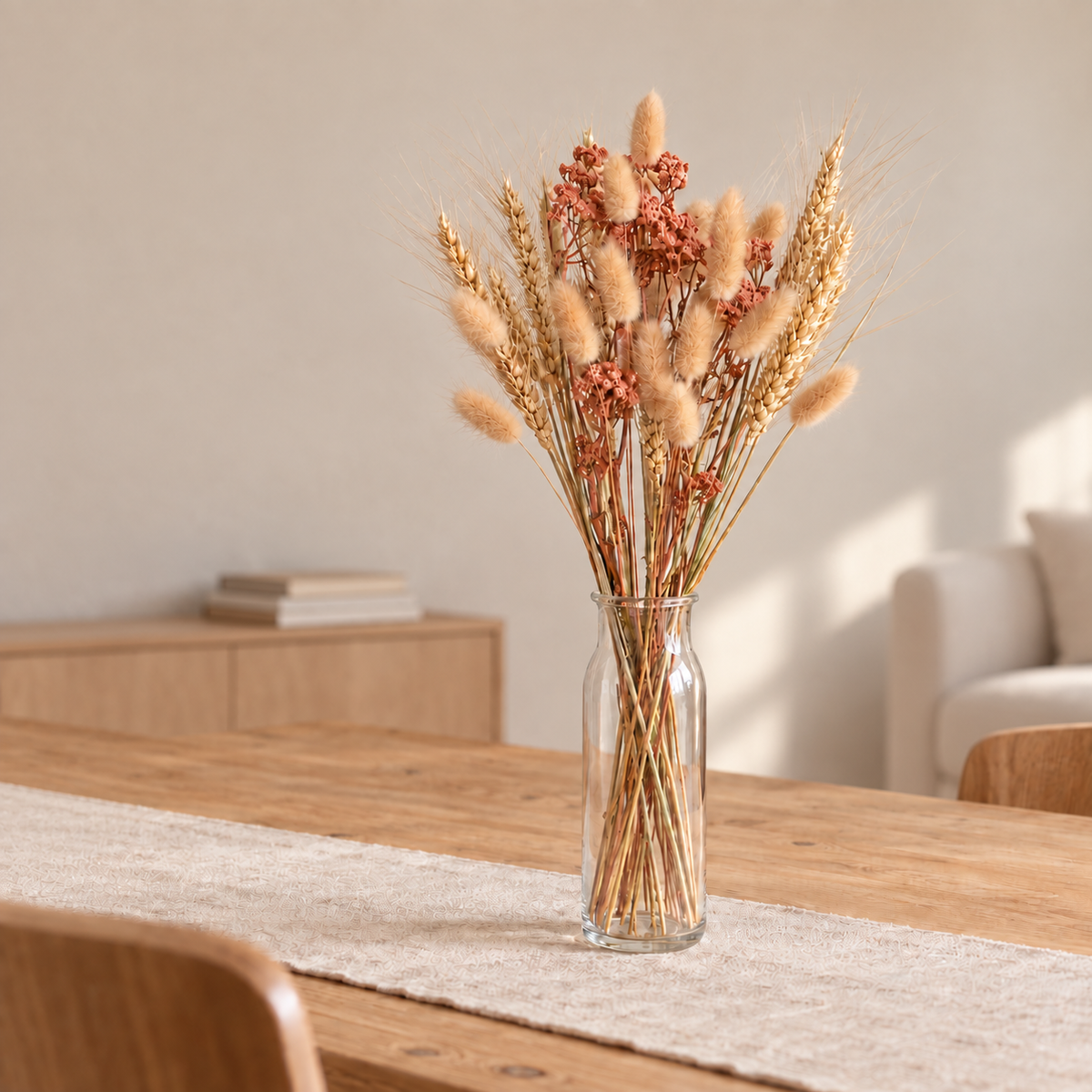 Botte composée d’achillée terracotta, de blé et de lagurus dans un vase au sein d’un salon lumineux