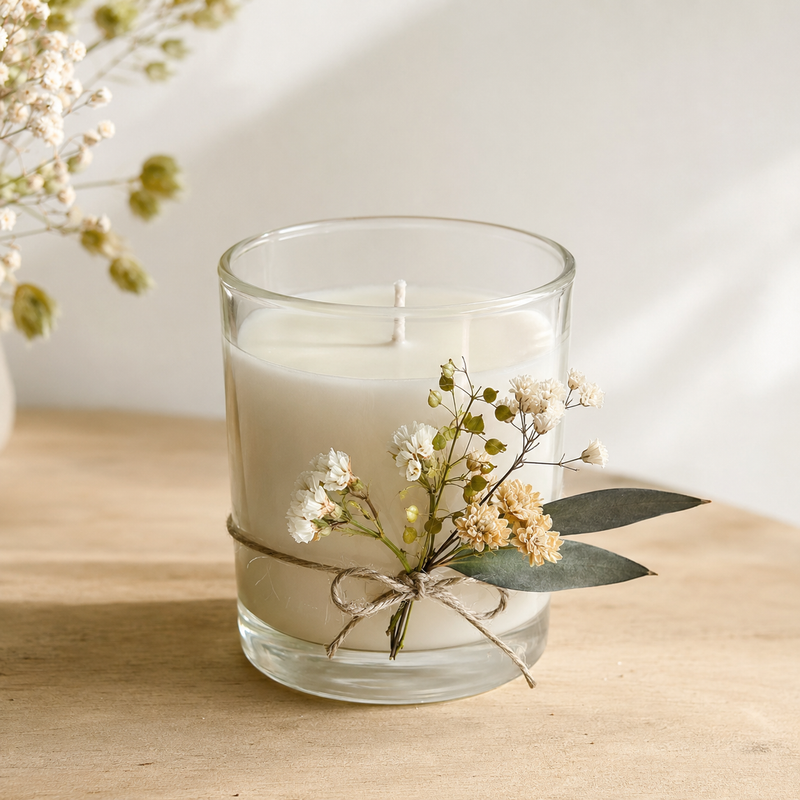 Bougie en verre décorée d'un petit bouquet de fleurs séchées composé de matricaire, eucalyptus et nigelle, noué avec une ficelle naturelle.