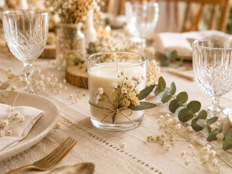 Bougie décorée d'un bouquet de fleurs séchées sur une table de mariage bohème avec linge en lin, eucalyptus et fleurs blanches.