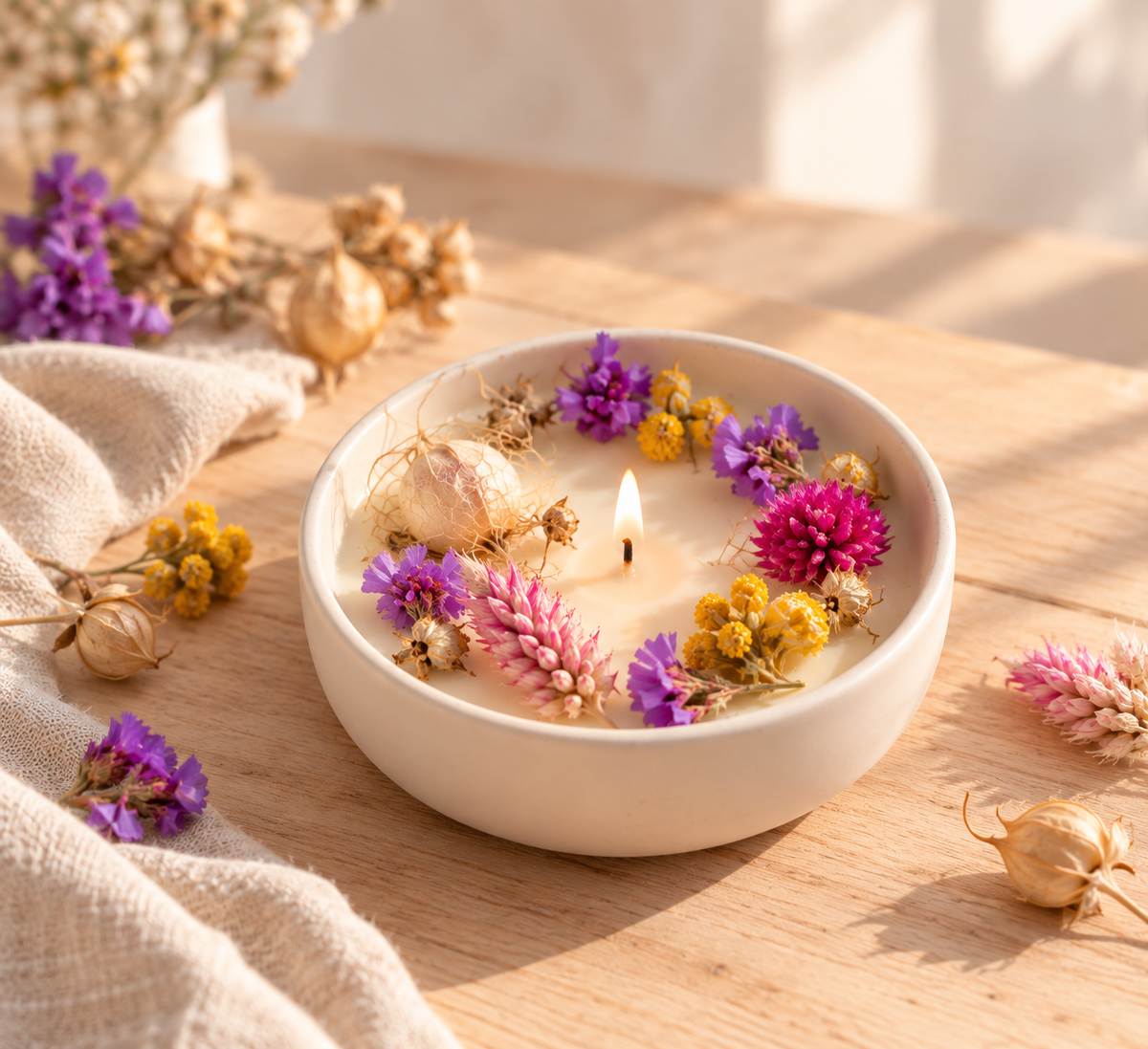 Bougie décorée de têtes de fleurs séchées colorées, inspiration créative avec le kit DIY Terralya