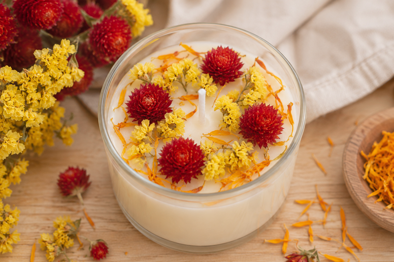 Bougie décorée de gomphrenas rouges, statice jaune et pétales de souci séchés, création DIY en fleurs séchées.