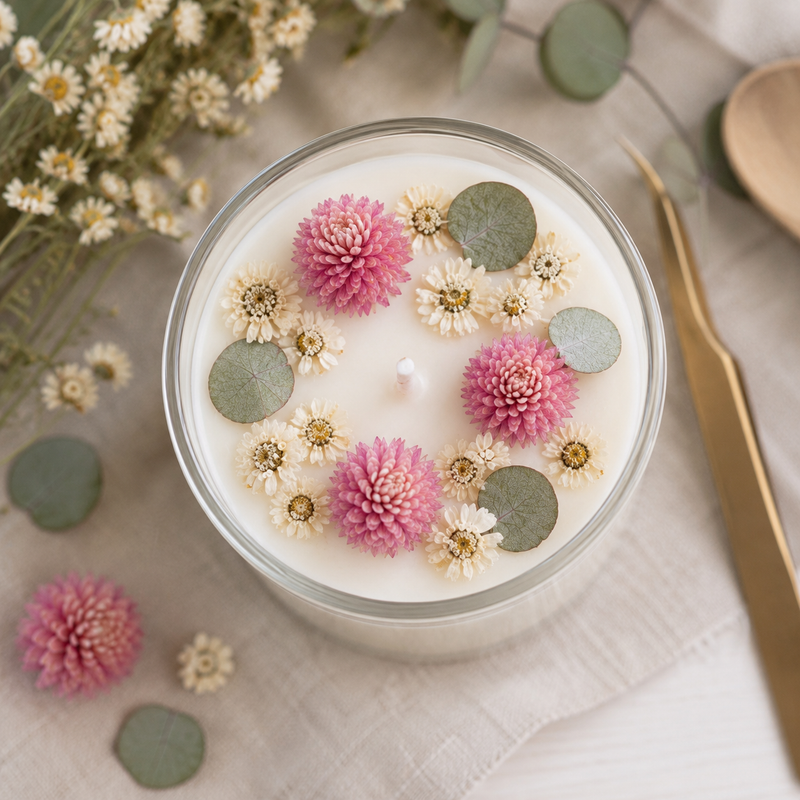 Gros plan d'une bougie décorée de fleurs séchées avec gomphrena rose, matricaire et feuilles d'eucalyptus.
