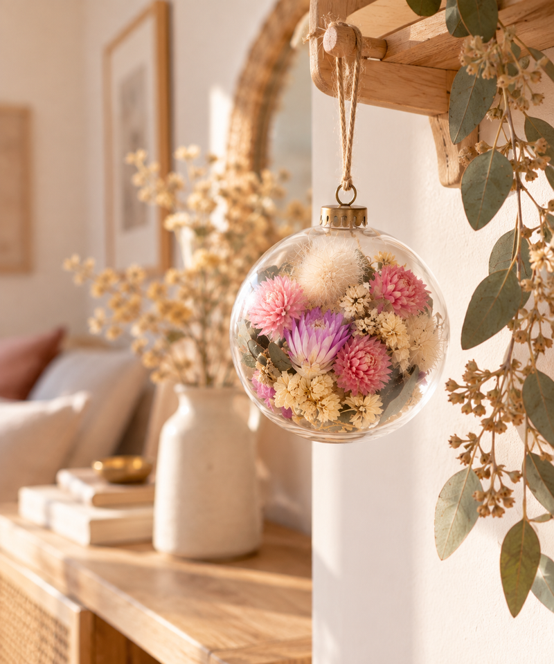 Boule fleurie suspendue en décoration intérieure réalisée avec le kit DIY Douceur botanique Terralya