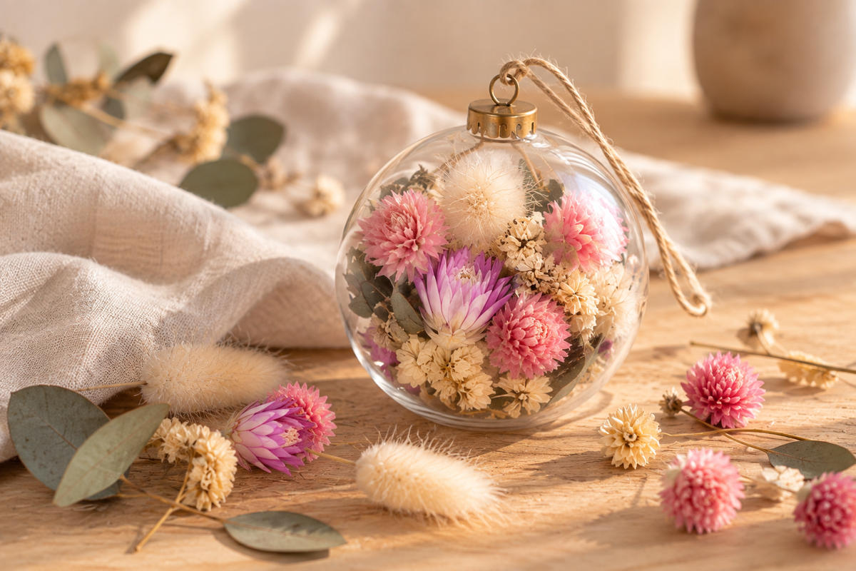 Boule fleurie réalisée avec le kit DIY Douceur botanique et des fleurs séchées bio Terralya