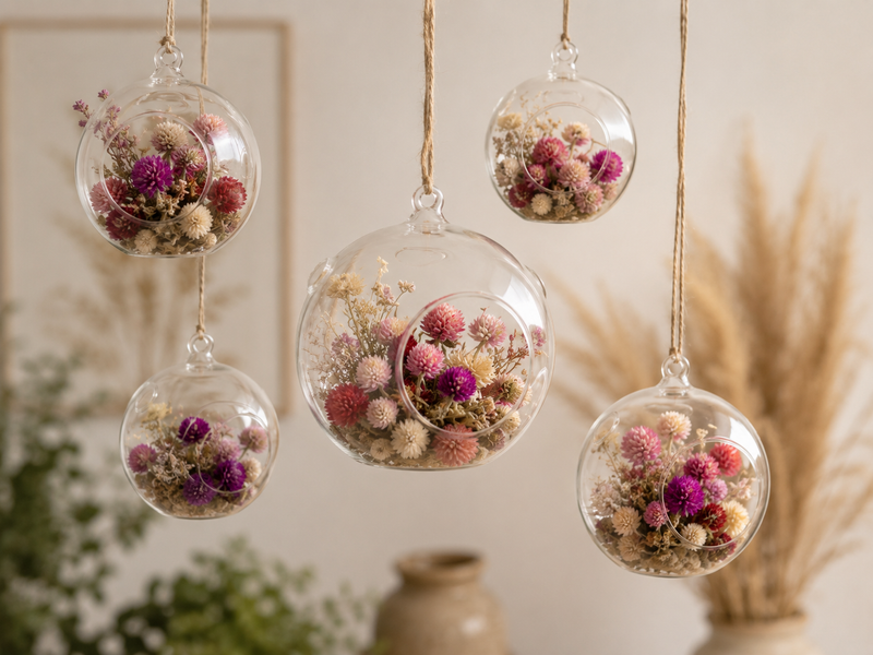 Boules en verre suspendues décorées de têtes de gomphrena séchées roses, violettes, rouges et naturelles.