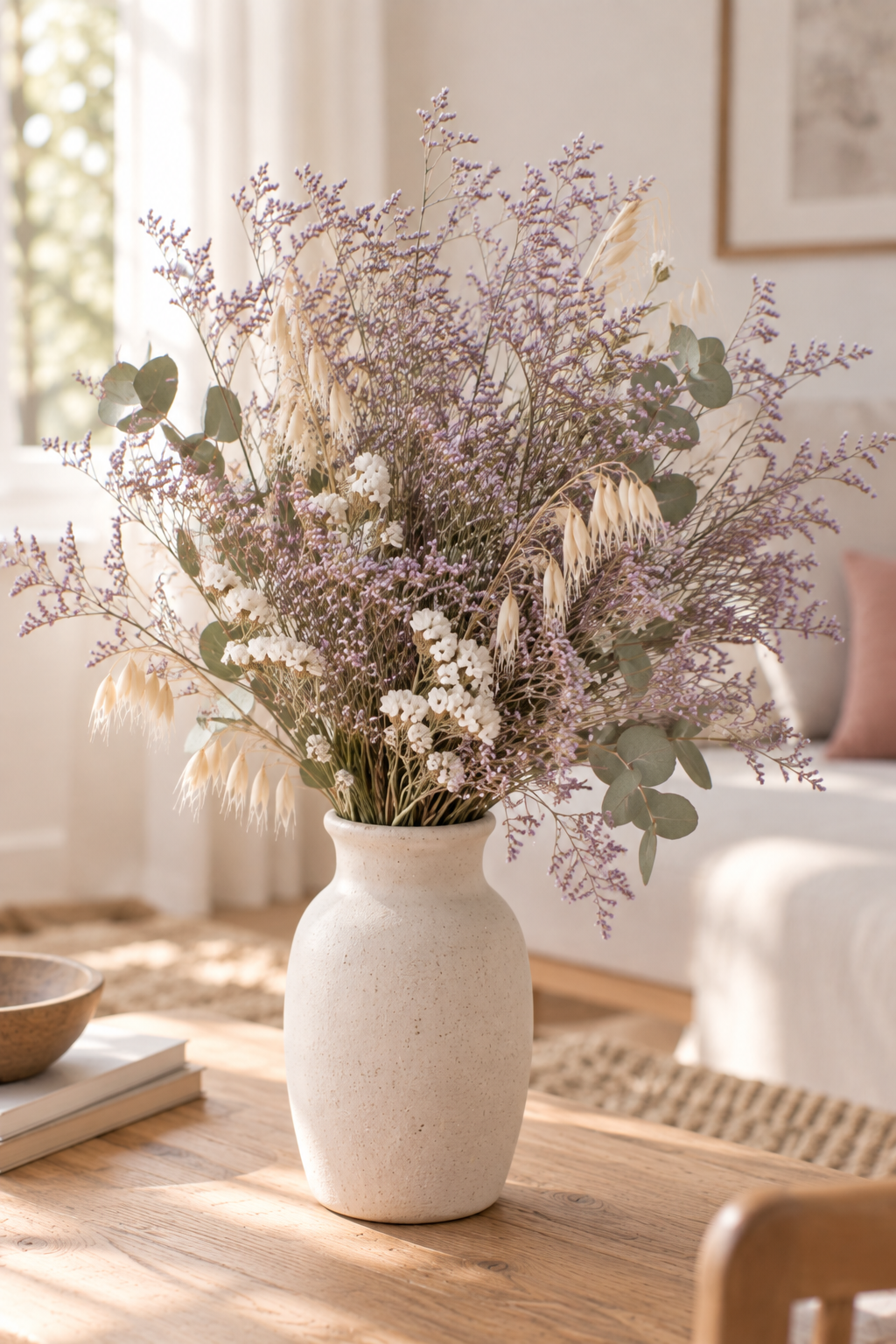 Bouquet champêtre de fleurs séchées avec limonium latifolium dans un intérieur naturel