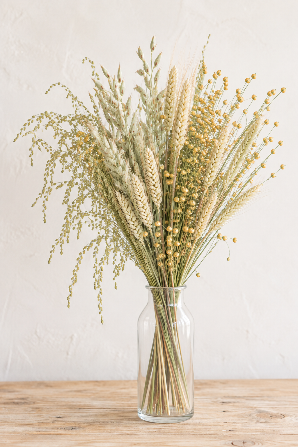 Bouquet naturel de graminées et fleurs séchées bio, lin, blé, avoine et cresson dans un vase en verre