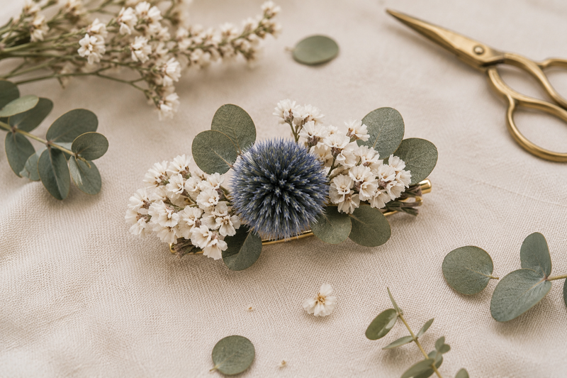 Broche en fleurs séchées réalisée avec un échinops bleu, du statice blanc et de l'eucalyptus