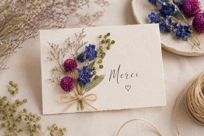 Création d'une carte de remerciement en fleurs séchées avec delphinium, limonium latifolium, cresson, colle et ciseaux.