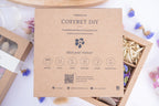 Verso du coffret DIY Terralya présentant les neuf variétés de fleurs françaises bio et les idées de créations : bougies, bijoux, résine, papeterie, cadres et décorations.