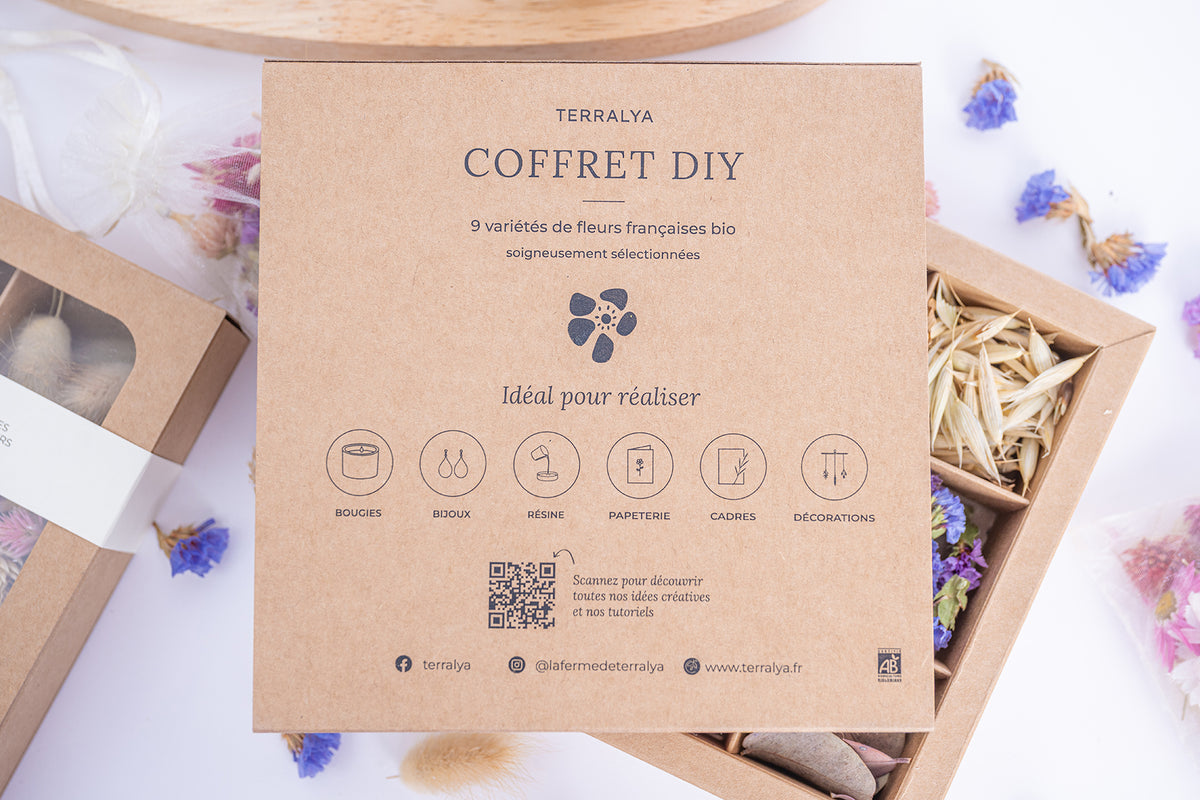 Verso du coffret DIY Terralya présentant les neuf variétés de fleurs françaises bio et les idées de créations : bougies, bijoux, résine, papeterie, cadres et décorations.