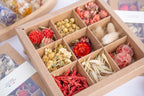 Gros plan sur les fleurs séchées du coffret Terralya Tons rouges, avec immortelles, lagurus, capsules de lin, avoine et fleurs aux nuances rouges et corail.