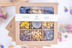 Coffret de têtes de fleurs séchées françaises bio Terralya dans les tons bleus, présenté fermé avec son bandeau et neuf compartiments visibles.