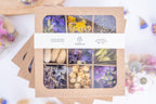 Coffret Terralya de têtes de fleurs séchées françaises bio aux tons violets, présenté fermé avec son bandeau et ses neuf compartiments visibles.