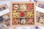 Présentation de trois coffrets Terralya de fleurs séchées aux tons terracotta, dont un ouvert au centre dévoilant neuf compartiments de fleurs et végétaux aux nuances rosées, cuivrées et naturelles.