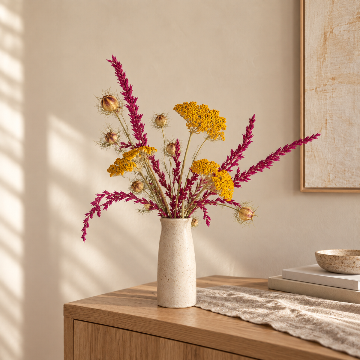 Composition naturelle d’achillée jaune, de nigelle et de fleurs cyclamen dans un vase en céramique