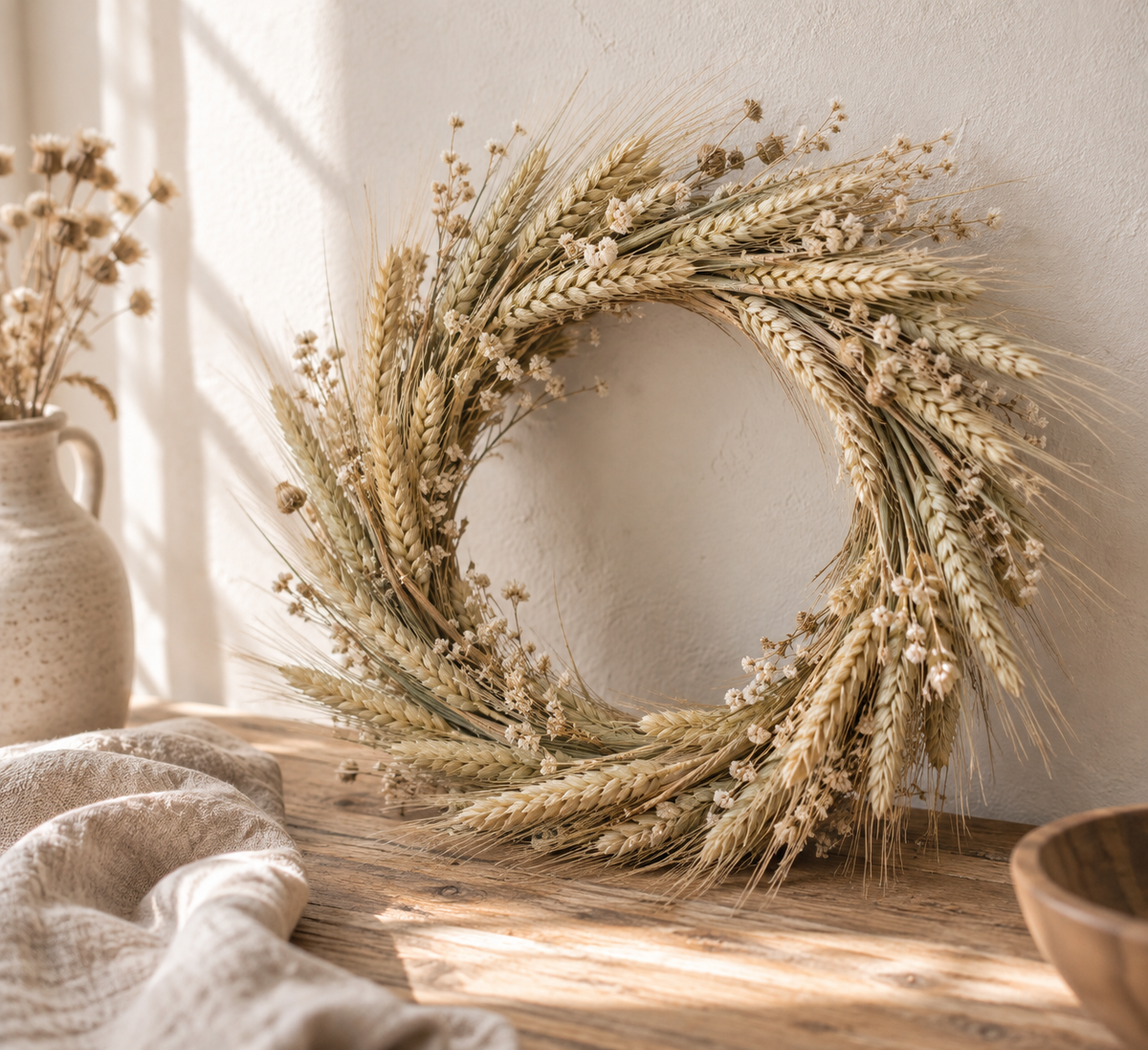 Couronne de fleurs séchées au blé naturel pour une décoration champêtre