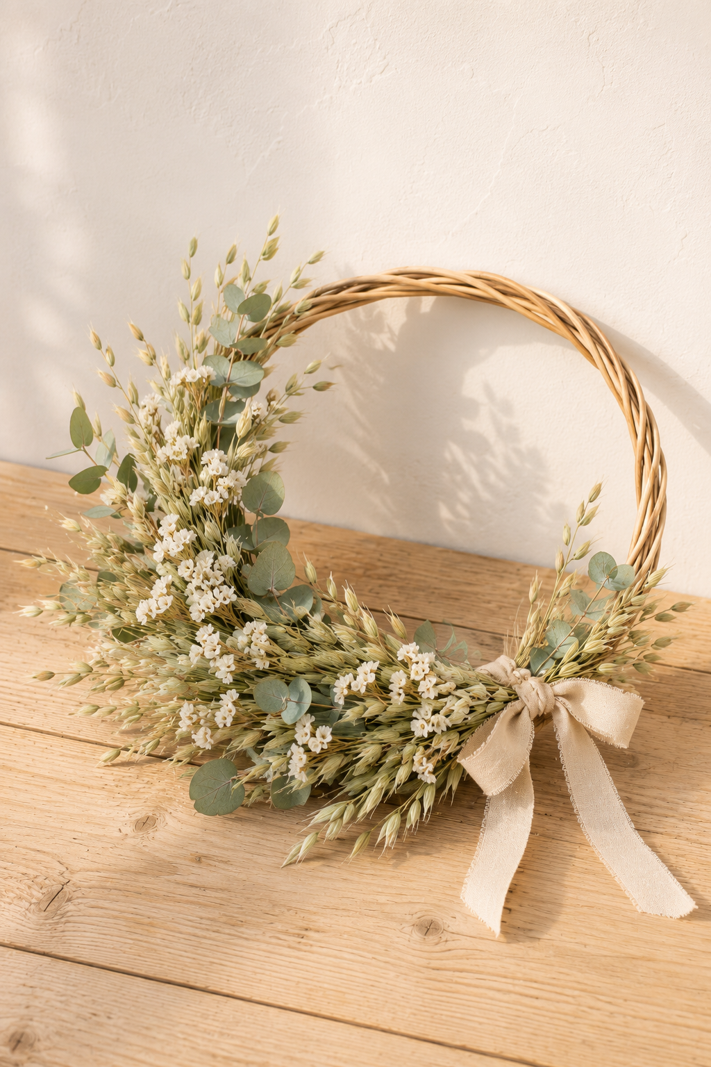 Couronne en osier décorée d'avoine séchée, statice blanc et eucalyptus, idéale pour une décoration de mariage bohème ou une décoration murale naturelle.