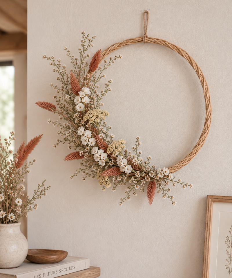 Couronne de fleurs séchées avec phalaris terracotta, statice blanche, lagurus et limonium tartaricum.
