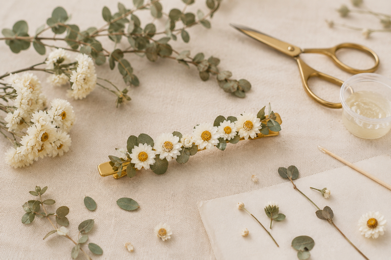 Création d'une barrette en fleurs séchées avec de l'ammobium et de l'eucalyptus parvifolia, posée sur une table avec ciseaux, colle et fleurs en cours de montage.