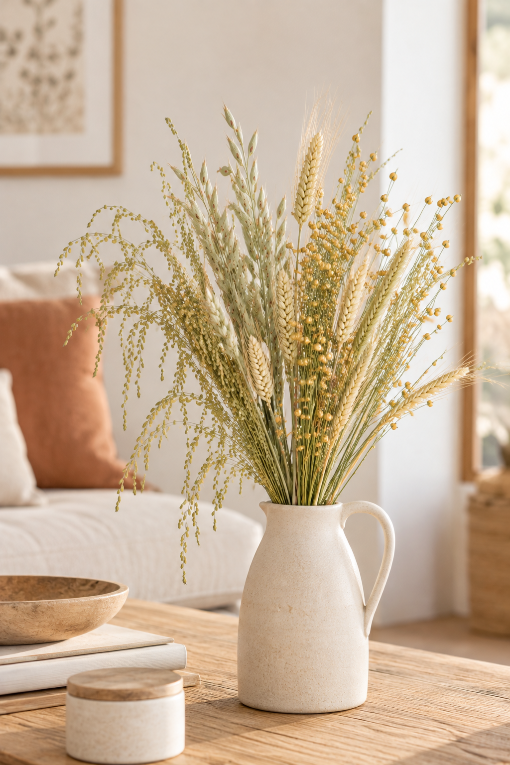 Bouquet de graminées et fleurs séchées bio dans un vase, inspiration décoration naturelle et champêtre