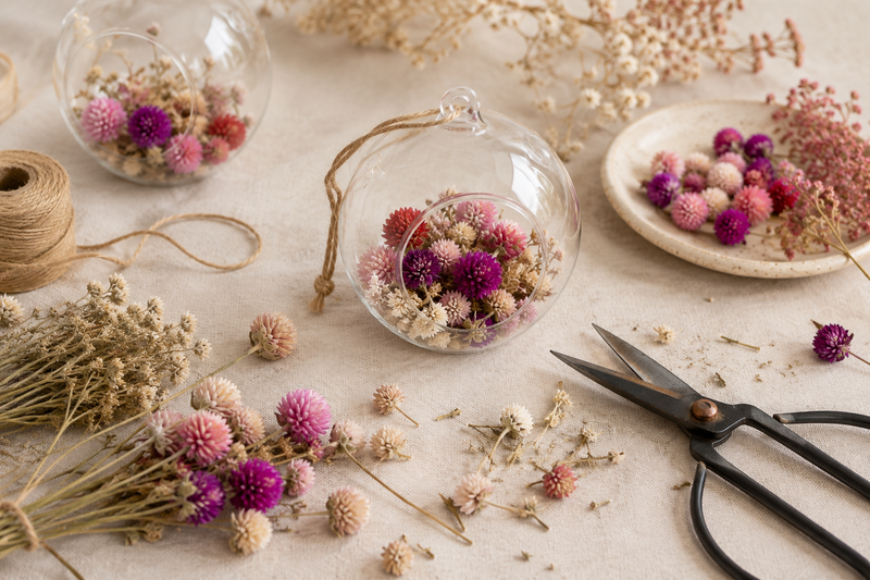 Création d’une boule en verre avec des têtes de gomphrena séchées, des ciseaux et les fleurs disposées sur une table en lin.