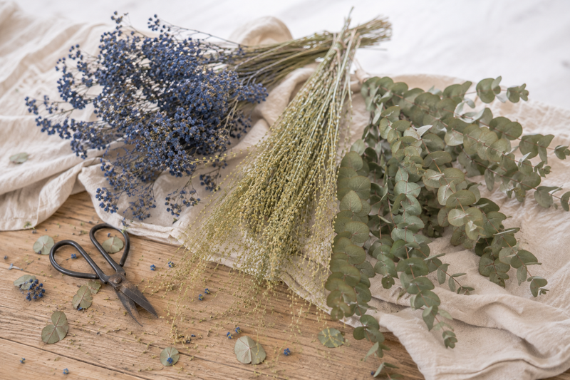 Achillée bleue, eucalyptus et cresson séchés disposés sur une table avec des ciseaux pour composer un bouquet.