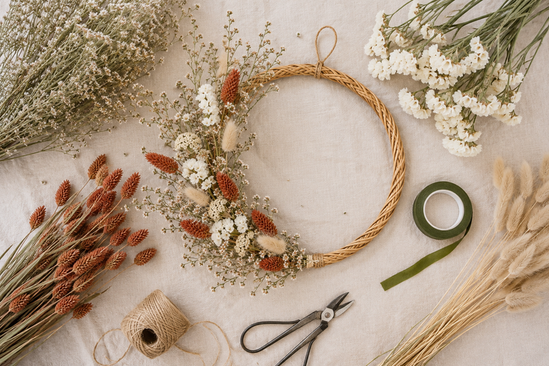 Création DIY d’une couronne avec phalaris terracotta, statice blanche, lagurus et tartaricum.
