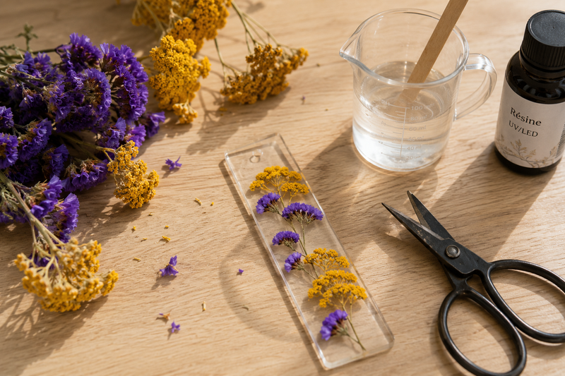 Marque-page en résine en cours de création sur un atelier avec achillée jaune, statice violet, ciseaux et matériel de résine.