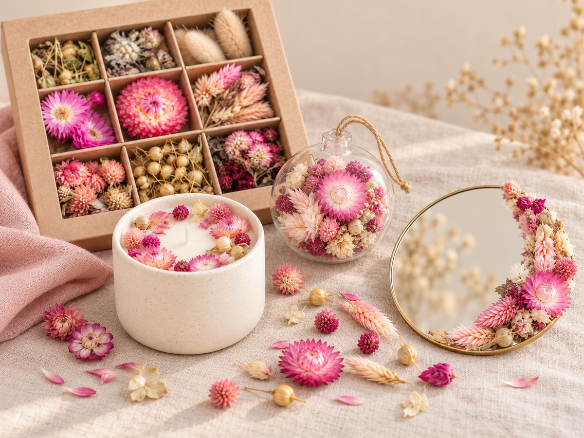 Idées de créations DIY avec des fleurs séchées roses : bougie décorée, boule transparente fleurie et miroir orné de fleurs, accompagnés d'un coffret Terralya.