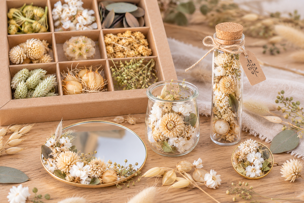 Idées de loisirs créatifs avec des fleurs séchées naturelles Terralya : fiole fleurie avec bouchon en liège, petit pot en verre décoré de fleurs et miroir orné de têtes de fleurs écrues.