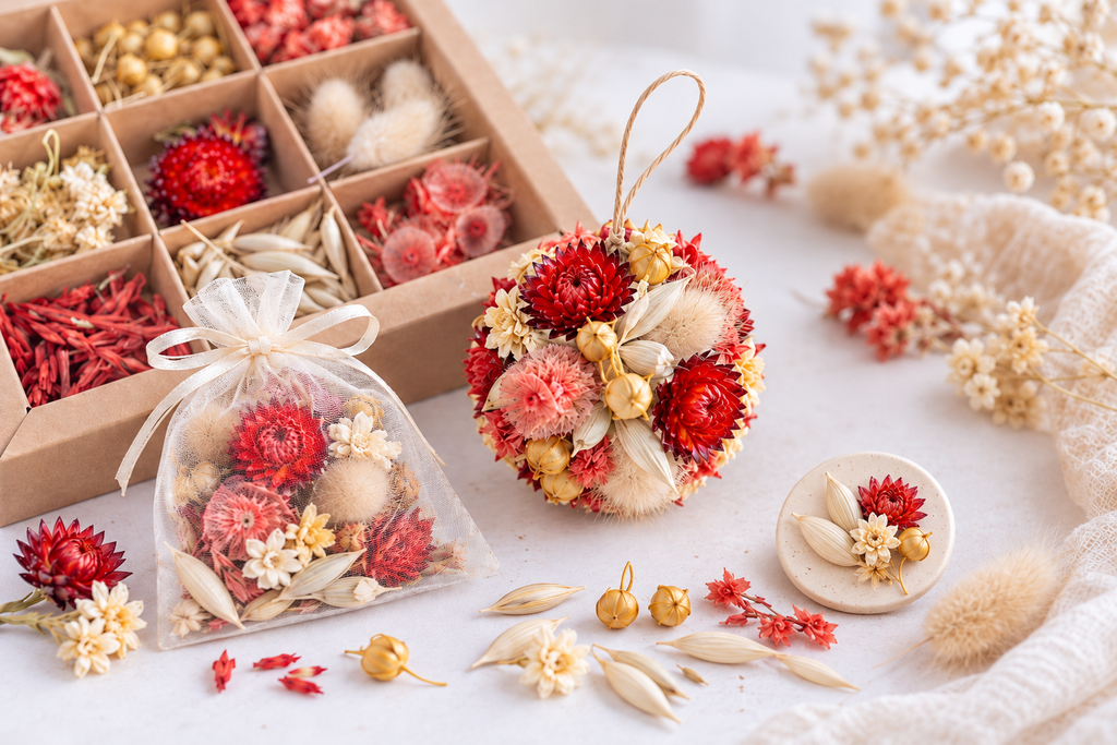 Idées de loisirs créatifs avec des têtes de fleurs séchées rouges Terralya : boule fleurie à suspendre, sachet en organza et petite décoration en céramique ornée de fleurs rouges et naturelles.